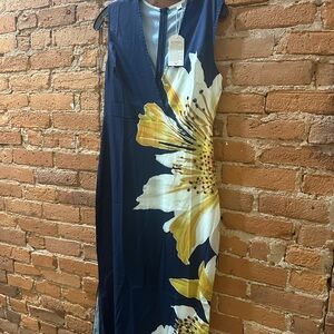 Sleeveless Navy Midi Dress with Yellow Floral Print
